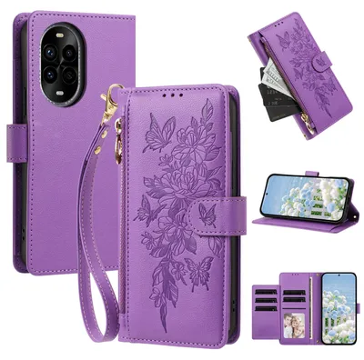 Produktbild von Handyhülle für Huawei Nova 13 Pro, Wallet Case Kunstleder mit Kartenfächern, Reißverschluss und Handschlaufe Lila