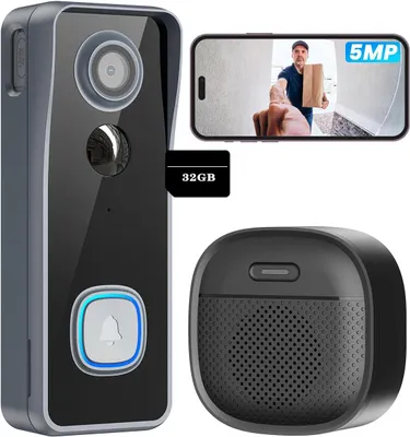 Produktbild von 5MP 2K Türklingel mit Kamera Kabellos Video Doorbell WLAN mit Gong, Nachtsicht ,32GB 2,4GHz WLAN, Inklusive Indoor-Klingel