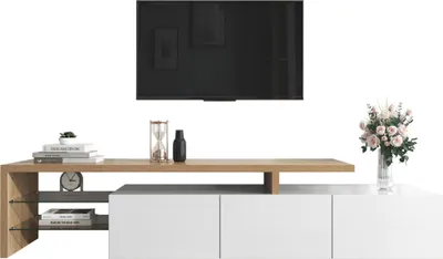 Immagine prodotto di Fortuna Lai Mobile TV bianco lucido, aspetto legno, ripiani in vetro, illuminazione LED, dimensioni 197x39x42 cm