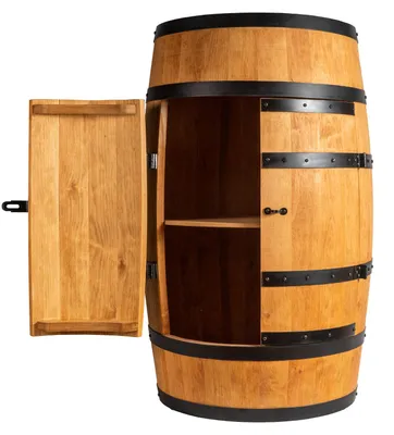 Produktbild von Holzfass mit Türen in heller Eichenoptik Hausbar mit LED – Rustikale Minibar im Weinfass Design – Weinregal & Flaschenständer aus Holz – Vintage Fassbar für Wohnzimmer, Bar oder Partykeller – ca. 80 cm #1 Ohne LED