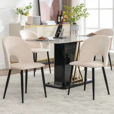 Immagine prodotto di okwish, set di 4 sedie da pranzo, sedie imbottite confortevoli con schienale, seduta in velluto, struttura in metallo, piedini regolabili, motivo a rombo sul retro, colore beige
