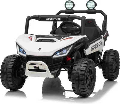 Immagine prodotto di Auto elettrica per bambini T-REX Ride 4x4 a due posti 24V, bianca, lettore MP3 con ingresso USB/AUX, trazione integrale (4x4), batteria al litio, sospensioni, telecomando, luci LED