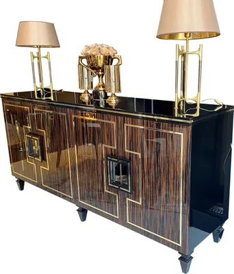 Produktbild von Casa Padrino Luxus Art Deco Sideboard Dunkelbraun / Schwarz / Gold 220 x 55 x H. 104 cm - Edler Schrank mit 4 Türen und Glasplatte - Art Deco Wohnzimmer Möbel