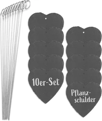 Image de Hoberg Plaques de plantation en ardoise - Set de 10 | Résistant aux intempéries, réutilisable | Inscription individuelle de plantes, herbes & fleurs | Avec piquet de terre en acier | Dimensions 10 x 10 x 0,5 cm [cœur]