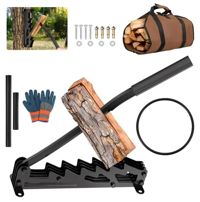 Produktbild von Eikuavons Handholzspalter zur Wandmontage mit abnehmbarem Verlängerungsgriff, Brennholztasche und Schutzhandschuhen, Schwarz