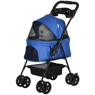 Produktbild von Hundebuggy klappbar, Haustierwagen mit Netzfenster Metallrahmen 67x45x96 cm Blau