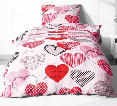Produktbild von 2-teilige Renforcé Bettwäsche 135x200cm und 80x80cm - Love Liebe Herzen in weiß und rot - 100% Baumwolle, Bettgarnitur (EW-621/1 Renforce)