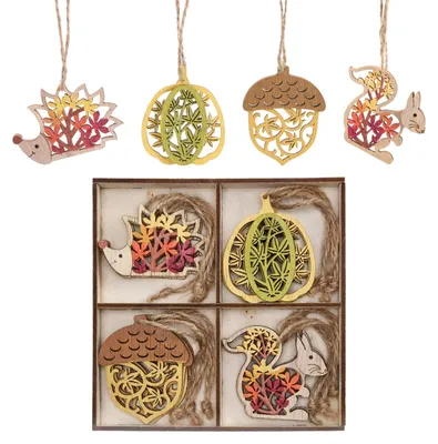 Herbstdeko-Set 12er, 6 cm, Holz, Igel, Kürbis, Eichhörnchen