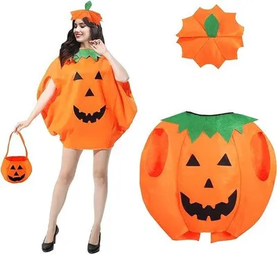 Immagine prodotto di Set costume zucca Unyqoos® per adulti (uomo e donna) – costume zucca per Halloween con cappello e sacchetto per caramelle, realizzato in tessuto non tessuto, dimensioni 75 cm x 85 cm, cappello con diametro di 30 cm e elastico, chiusura a strappo, modello 1