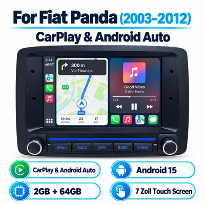 Immagine prodotto di Autoradio da 7 pollici compatibile con CarPlay e Android 15 per Fiat Panda (2003–2012) – GPS, Wi-Fi, BT5.0, DAB+, controllo comandi al volante, USB, DSP, 2GB di RAM e 64GB di memoria