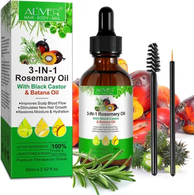 A product shot of rosemary oil with its packaging and accessories, set against a blurred background of fruits and plants.