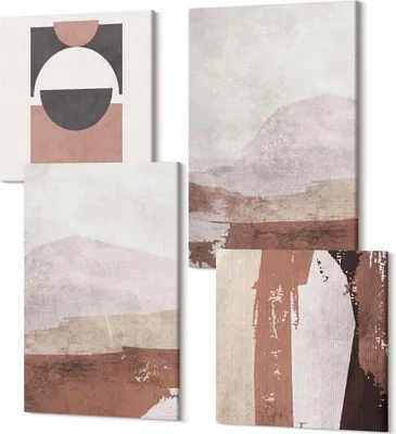 Produktbild von Leinwandbild Set 4-teilig – Modernes Wandbild – Polycanvas Kunstdruck – Abstrakte Bilder – Hochwertige Wandkunst – 2x 40x40 cm + 2x 40x60 cm – Abstrakte Muster in Braun- und Beigetönen