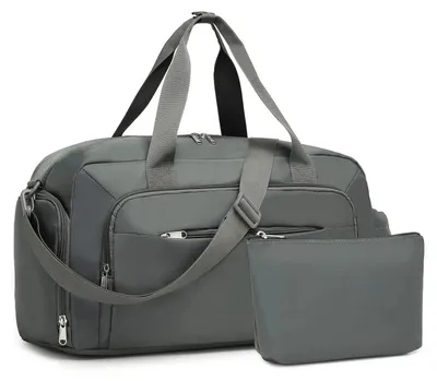 Image de Ensemble de sacs de voyage - Week-end - 2 pièces - Adapté aux bagages à main - Compartiment à chaussures - Pochette de toilette - Plusieurs compartiments - Gris
