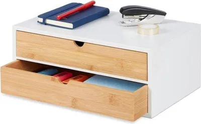 Image de Organiseur de bureau compact en MDF et bambou, blanc/naturel, 14 x 33 x 21 cm