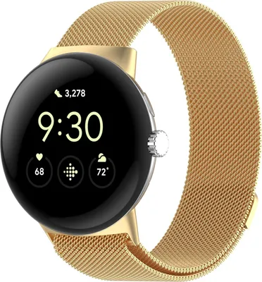 A close-up shot of a gold smartwatch with a Milanese loop band.