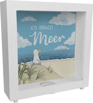 Produktbild von Möwe am Strand Rahmen Spardose aus Holz mit Spruch Ich brauch Meer