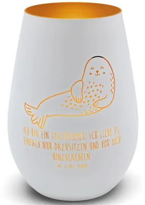 Produktbild von Mr. & Mrs. Panda Windlicht Glas Robbe Lachen - Weiß - Geschenk, Laterne, Kerzenhalter, Ostsee, Lustige Sprüche, Teelichthalter, Nordsee, Robben, Seehund, Gartenlicht