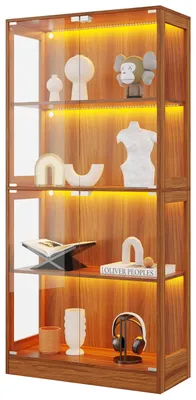 Imagen del producto de Armario expositor LED de nogal de 80x35x170 cm, armario de almacenamiento con vidrio para figuras
