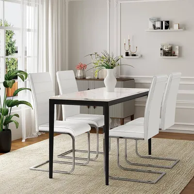 Produktbild von WOLTU, 6er Set Esszimmer Polsterstühle, Kunstleder Weiß, Modern-Retro Schwingstuhl, C-Gestell, hohe Rückenlehne, ergonomisch, bodenfreundlich