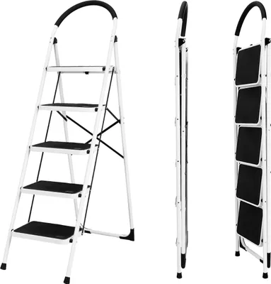 Produktbild von Craftfull Klapptritt CF-130A - Stahl-Trittleiter - Anti-Rutsch - Klappbar - Sicherheitsriegel - Haltegriff - 150 kg - 2-5 Stufen (5 Stufen)