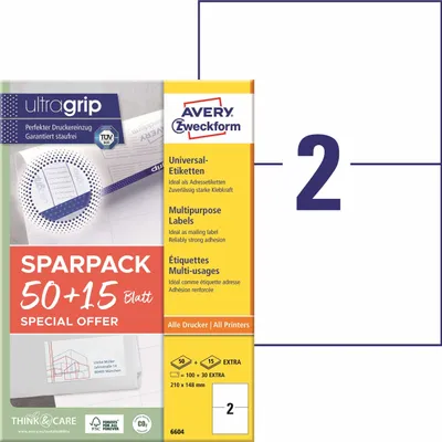 Immagine prodotto di Avery Zweckform® 6604 6604 Etichette universali ultragrip - 210 x 148 mm, bianco, 130 etichette, permanenti