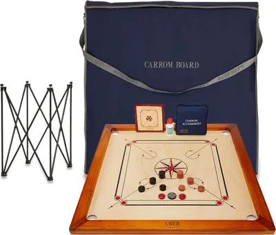 Immagine prodotto di Premium Carrom Board Set - Gioco completo - 7 KG - 74 x 74cm - Legno duro ECO di produzione indiana - Con tavolo e borsa