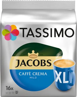 A package of Tassimo Jacobs Caffè Crema mild XL coffee pods.