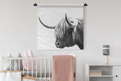 Produktbild von MuchoWow® Wandteppich Wandbehang Schottisches Hochlandrind - Horn - Schwarz - Weiß 90x90 cm Tapisserie Dekoration Wandtuch - Wandaufhänger