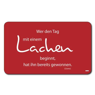 A red background with a quote about starting the day with a laugh.