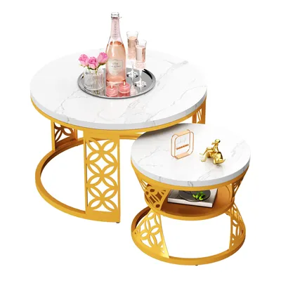 Produktbild von STILVORA Couchtisch Set 2-teilig, rund, Weiß Marmoroptik, Wohnzimmertisch mit goldenen Metallbeinen, moderner Beistelltisch, Weiß/Gold