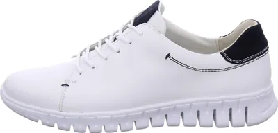A side view of a white men's sneaker with navy accents.