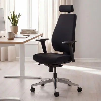 Produktbild von FineBuy Bürostuhl FB41700 Schreibtischstuhl Stoff Schwarz Chefsessel Modern Drehstuhl mit Synchronmechanik Arbeitsstuhl mit Kopfstütze 120kg