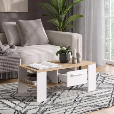 Produktbild von Vicco Couchtisch Wilmut, 89.8 x 46.4 cm mit Schublade, Goldkraft Eiche/Weiß