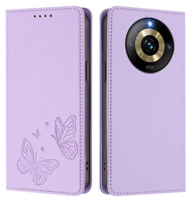 Obrázek produktu pro Kožené pouzdro pro Realme Narzo 60 Pro, motýlí ražbou, peněženkové flip pouzdro se stojánkem Světle fialová
