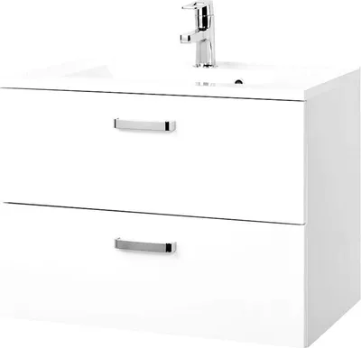A white bathroom vanity with a chrome faucet.