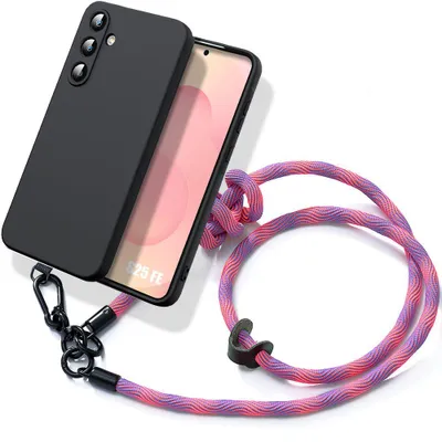 Image de Coque pour Samsung Galaxy S25 FE, Protection Silicone Antichoc Noir avec Cordon Détachable Rose
