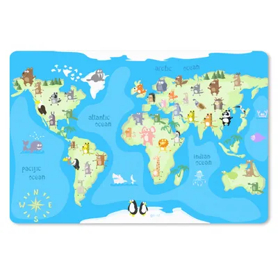Produktbild von MuchoWow® Schreibtischunterlage Weltkarte - Kind - Tiere - Blau - Jungen - Mädchen 60x40 cm - XXL Mauspad - Großes Mauspad