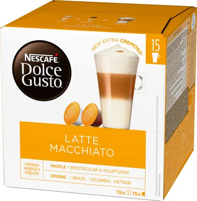 A box of Nescafé Dolce Gusto Latte Macchiato coffee capsules.