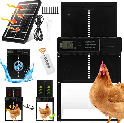 Immagine prodotto di Jayseuw, sportello automatico per polli, apriporta per polli, sportello automatico per polli ad energia solare, apriporta per pollaio, impermeabile, con telecomando, IPX3