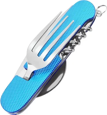 Produktbild von 6-in-1 Camping Besteck klappbar in Blau , Reisebesteck aus rostfreiem Edelstahl, Outdoor Essbesteck Survival Klappbesteck Bundeswehr Feldbesteck