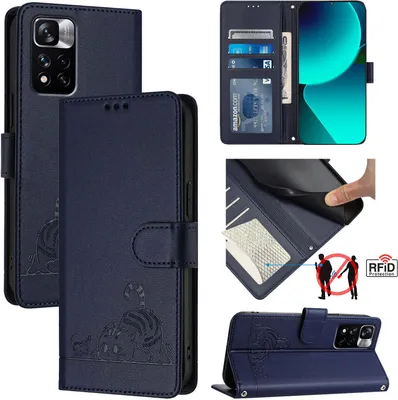 Produktbild von Leder Hülle für Xiaomi Redmi Note 11 Pro+ 5G Süße Katze Flip Case Brieftasche Schutzhülle mit Standfunktion Blau