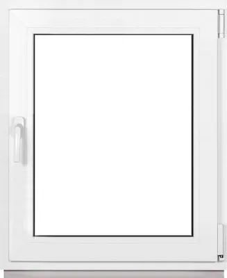 A white framed window with a clear glass pane, set against a white background.