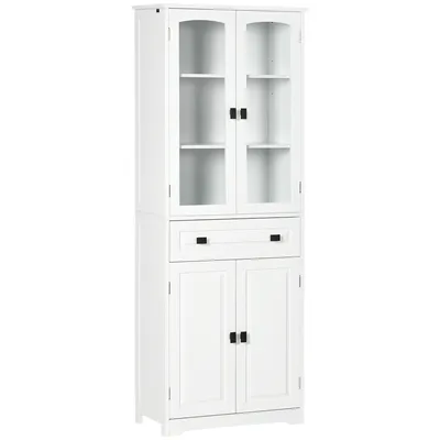 Image de HOMCOM Armoire de cuisine buffet haut 4 portes dont 2 portes vitrées et 1 tiroir hauteur 160 cm avec étagères réglables, blanc