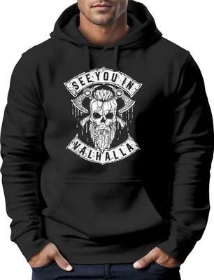 Produktbild von Hoodie Herren See You in Valhalla Wikinger Totenkopf Skull Print Kapuzen-Pullover Männer Fashion Streetstyle Neverless® schwarz 5XL