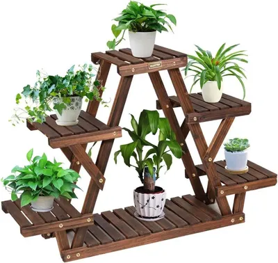 Zdjęcie produktu dla Drewniane schody na kwiaty – stojak na rośliny i półka na kwiaty z 4 poziomami – do ogrodu i na balkon – do samodzielnego montażu – 99 x 25 x 64 cm – brązowy