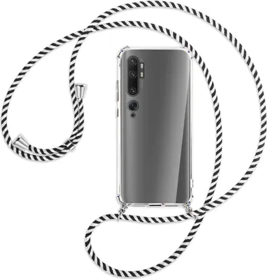 Produktbild von Handykette Backcover-Schutzhülle mit Band (Metall silberfarben) für Xiaomi Mi Note 10 (Pro) - schwarz/weiß gestreift
