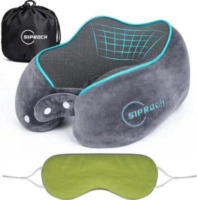 Zdjęcie produktu dla Poduszka ortopedyczna Unyqoos® do podparcia szyi, wykonana z pianki memory – oddychająca, zapewniająca wsparcie o 360°, regulowana, idealna na podróże samolotem i samochodem, z możliwością prania pokrowca + maska na oczy