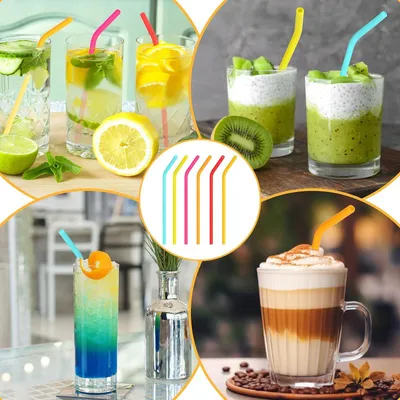 Produktbild von 24 Stück wiederverwendbare Silikonstrohhalme - 22 cm lange bunte Strohhalme mit 2 Reinigungsbürsten für Cocktails - Säfte - Milchtee