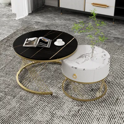 Produktbild von okwish Couchtisch Rund 2er-Set, Satztisch Beistelltisch für Schlafzimmer Balkon, Satztische fürs Wohnzimmer, Wohnzimmertisch mit Marmoroptik,Weiß
