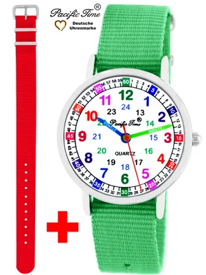 Produktbild von Kinder Armbanduhr Mädchen Jungen Lernuhr Kinderuhr uni 2 Armband grün + rot